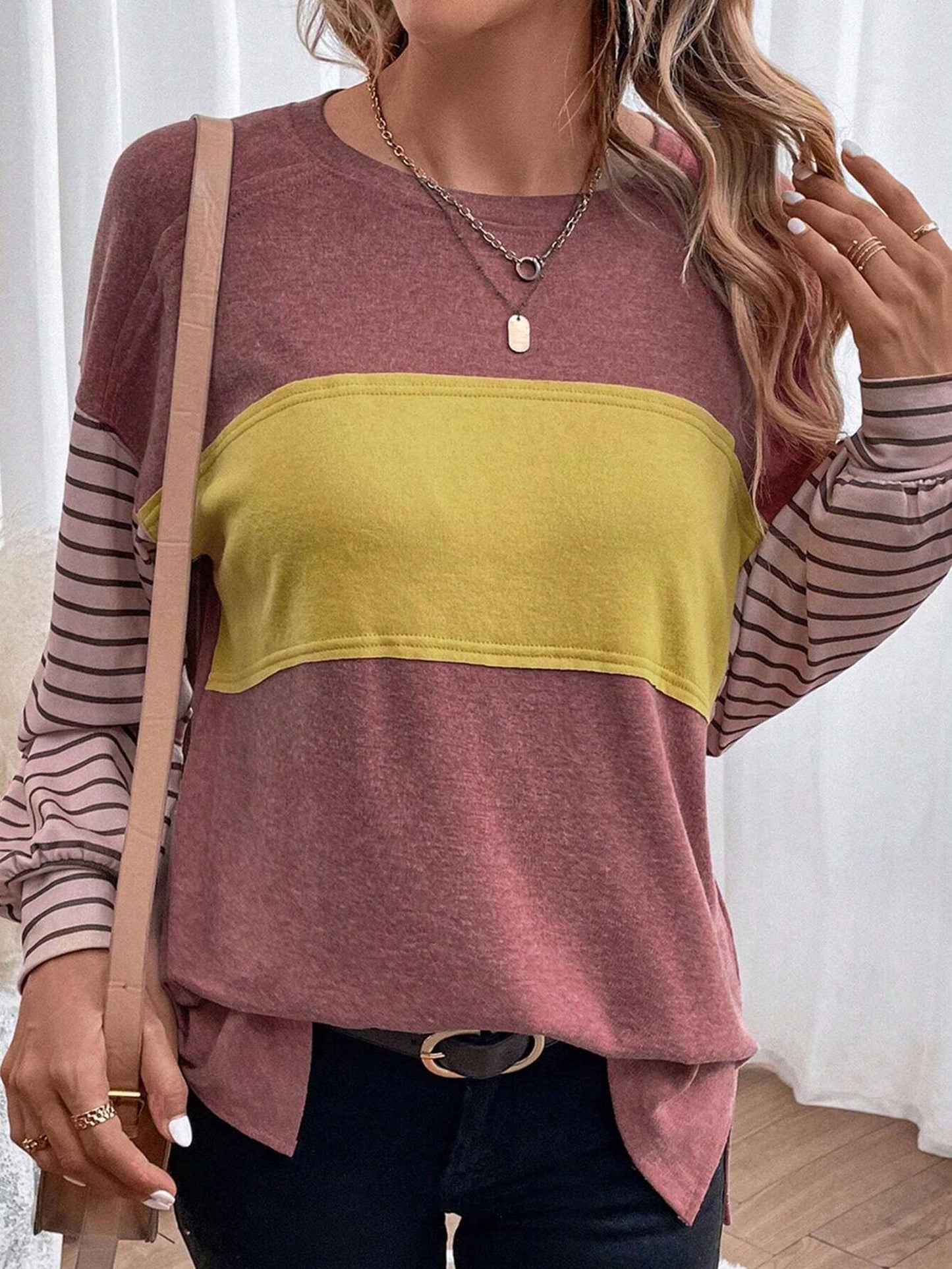 Round Neck Casual Striped Contrast Long Sleeved T-shirt: Green / L