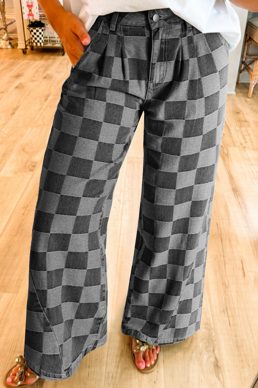 Checkered Wide Leg Jeans with Pockets