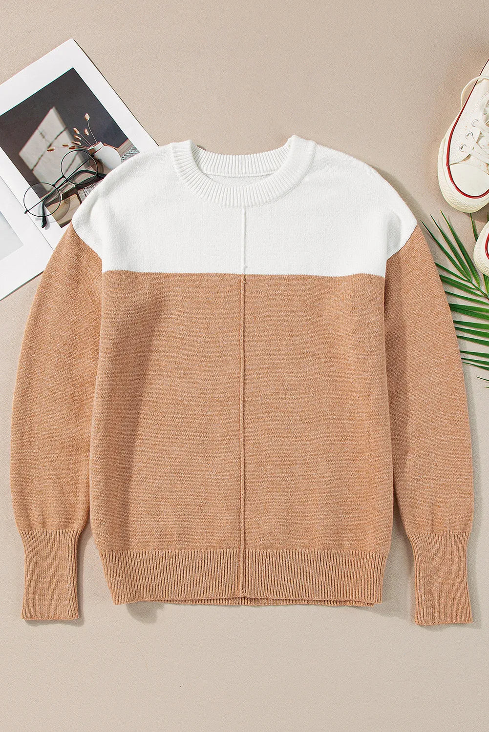 Color Block Round Neck Long Sleeve Sweater