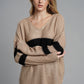 Slit Contrast V-Neck Long Sleeve Sweater