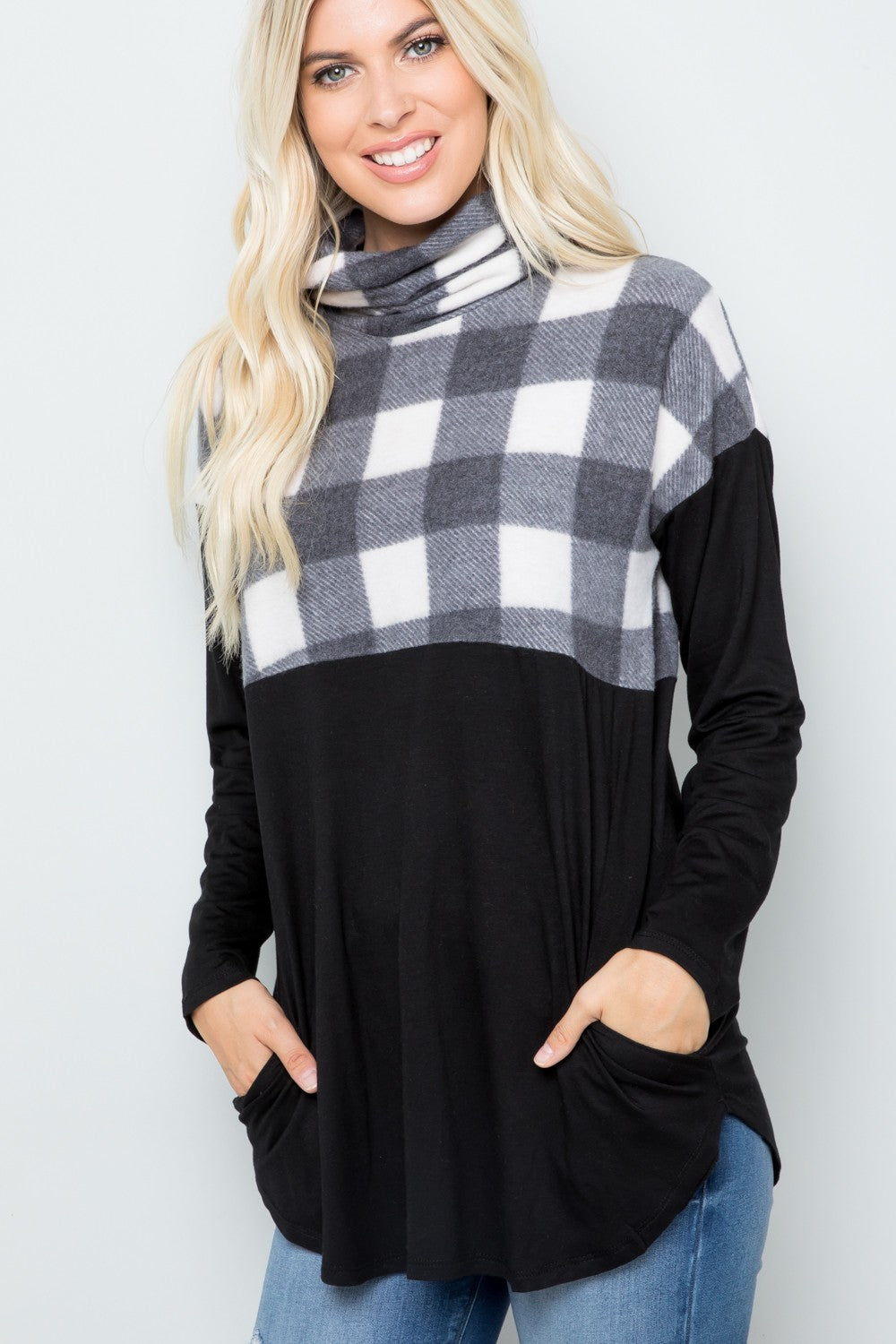 Celeste Full Szie Pocketed Plaid Turtleneck Long Sleeve Blouse