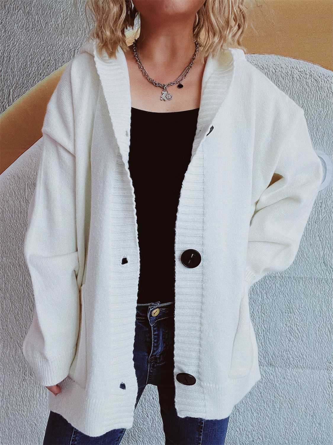 Dropped Shoulder Long Sleeve Hooded Cardigan