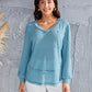 Waffle-Knit V-Neck Blouse with Breast Pocket