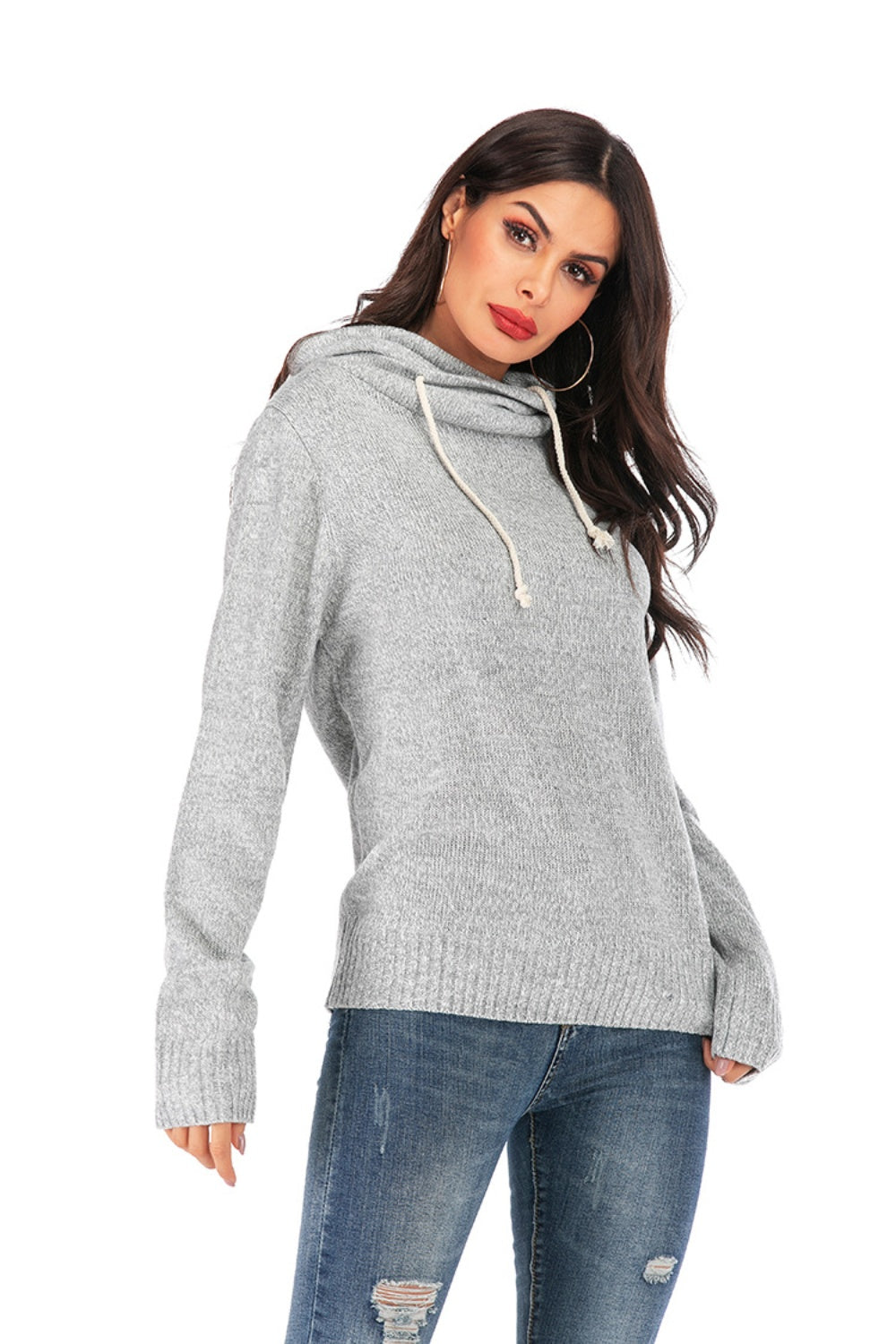 Drawstring Mock Neck Long Sleeve Sweater