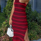 Slit Striped Round Neck Sleeveless Midi Dress