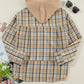 Drawstring Waffle Knit Patchwork Hooded Plaid Shacket