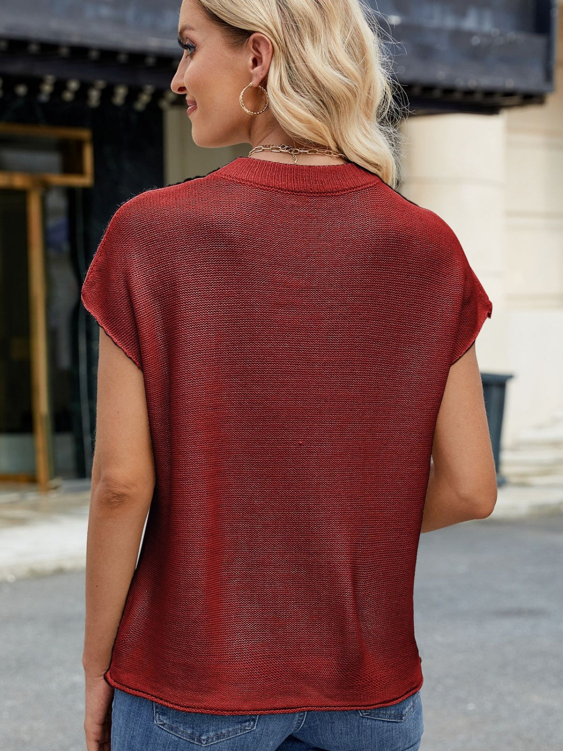 Exposed Seam Round Neck Short Sleeve Sweater