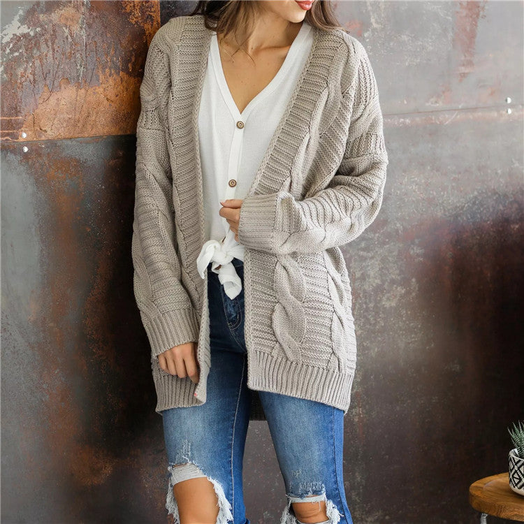 Cable-Knit Open Front Long Sleeve Cardigan