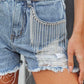 Distressed Fringe Denim Shorts with Pockets