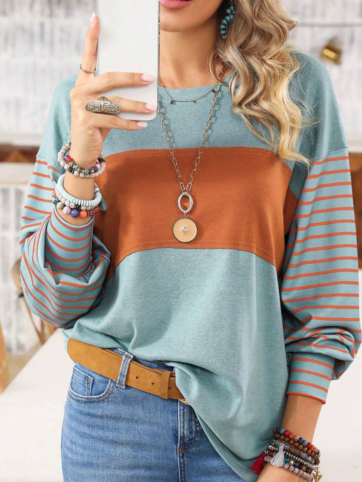 Round Neck Casual Striped Contrast Long Sleeved T-shirt: Green / M