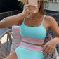 Striped Spaghetti Strap High Waist Bikini Swimsuit: Sky Blue / L / 82%Nylon+18%Spandex