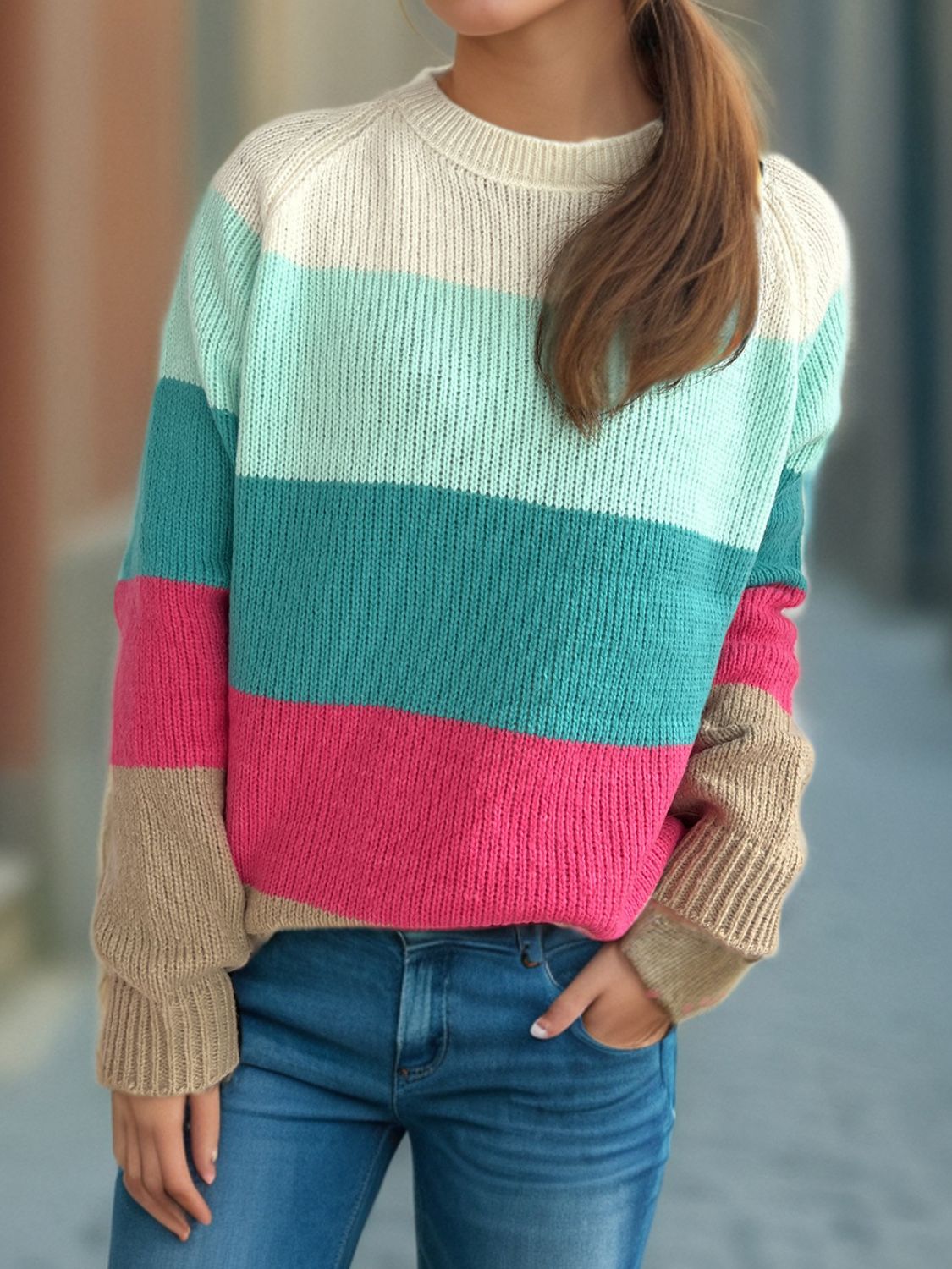 Color Block Round Neck Long Sleeve Sweater