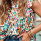 Ruffled Printed Notched Cap Sleeve Blouse