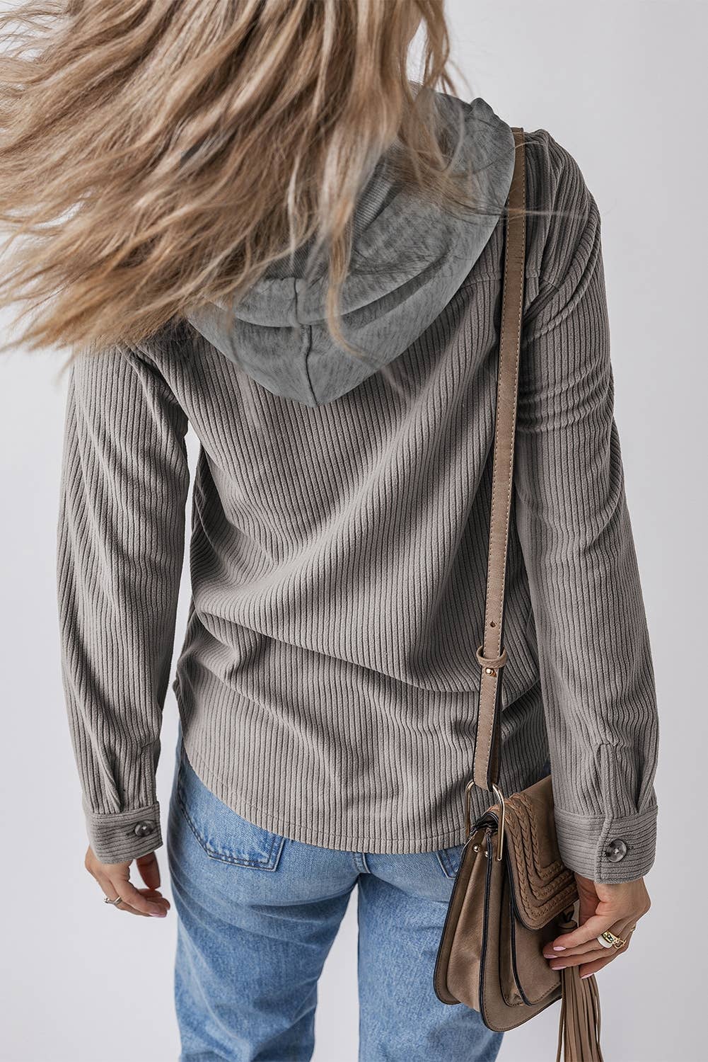 Hooded Drawstring Pockets Corduroy Shacket: GREY / XL