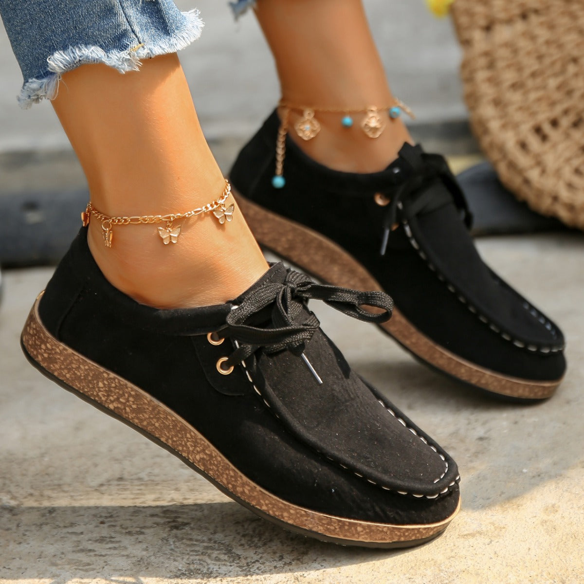 Suede Lace-Up Flat Slip-Ons