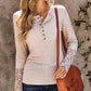 Lace Detail Half Button Round Neck Long Sleeve T-Shirt