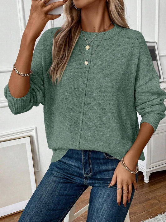 Loose Round Neck Solid Color Knitted Sweater: Green / XL