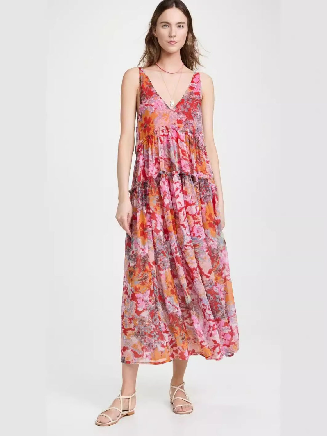 Tiered Printed V-Neck Sleeveless Dress