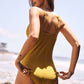 SOLID V NECK RUFFED DETAIL ONE PIECE SWIMSUIT: S / Golden Olive
