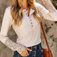 Lace Detail Half Button Round Neck Long Sleeve T-Shirt