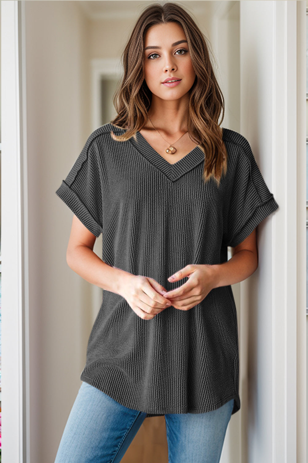 Textured V-Neck Short Sleeve Top