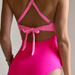Pink 2-tone Crossed Cutout Backless Monokini: Pink / S / 82%Polyester+18%Spandex