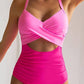 Pink 2-tone Crossed Cutout Backless Monokini: Pink / XL / 82%Polyester+18%Spandex