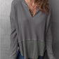 Waffle-Knit Exposed Seam Notched Long Sleeve Top