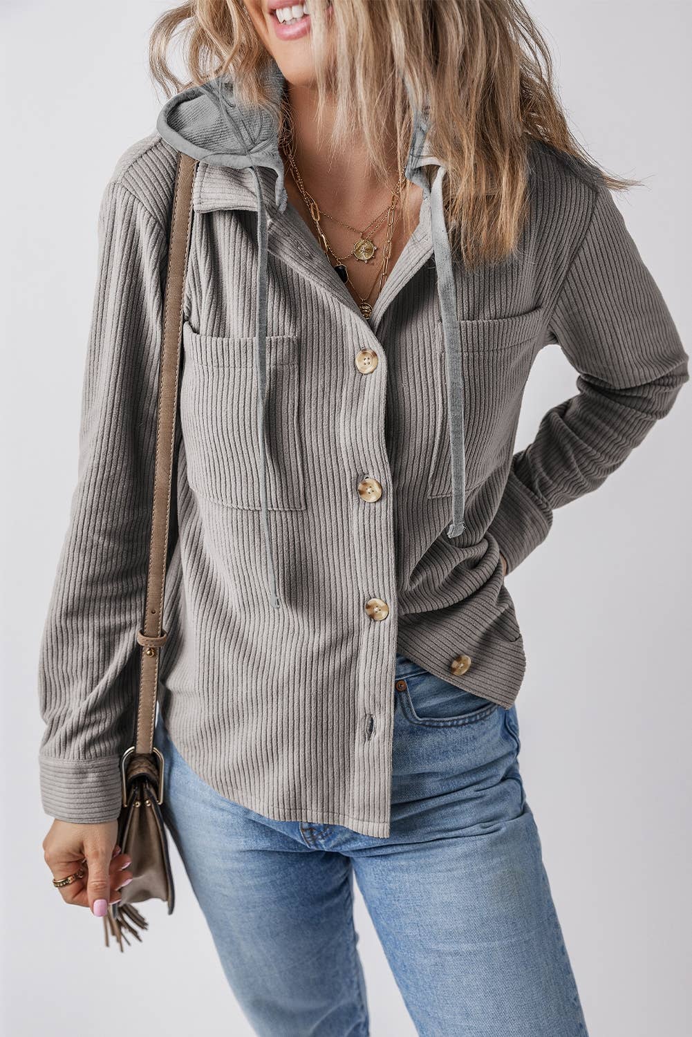 Hooded Drawstring Pockets Corduroy Shacket: GREY / XL
