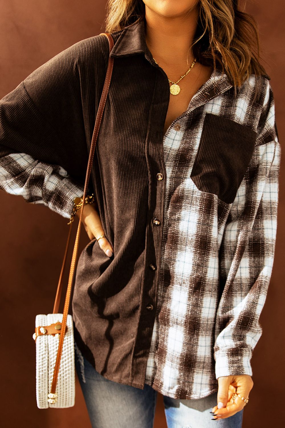 Plaid Button Up Drop Shoulder Shacket