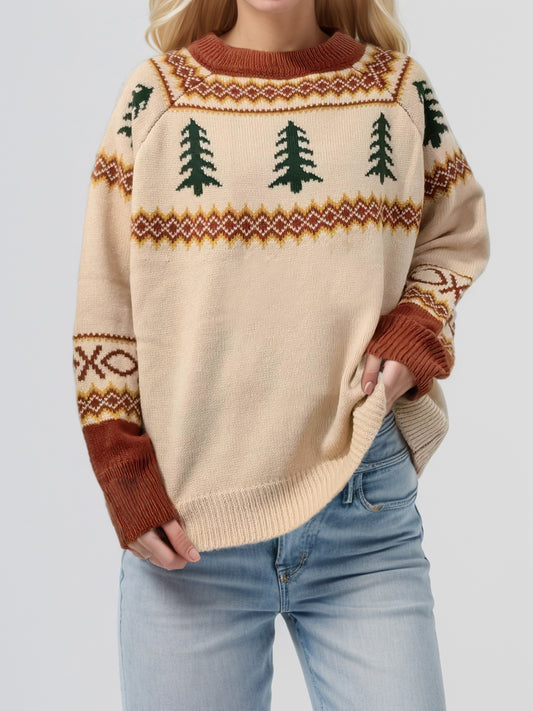 Graphic Round Neck Long Sleeve Sweater