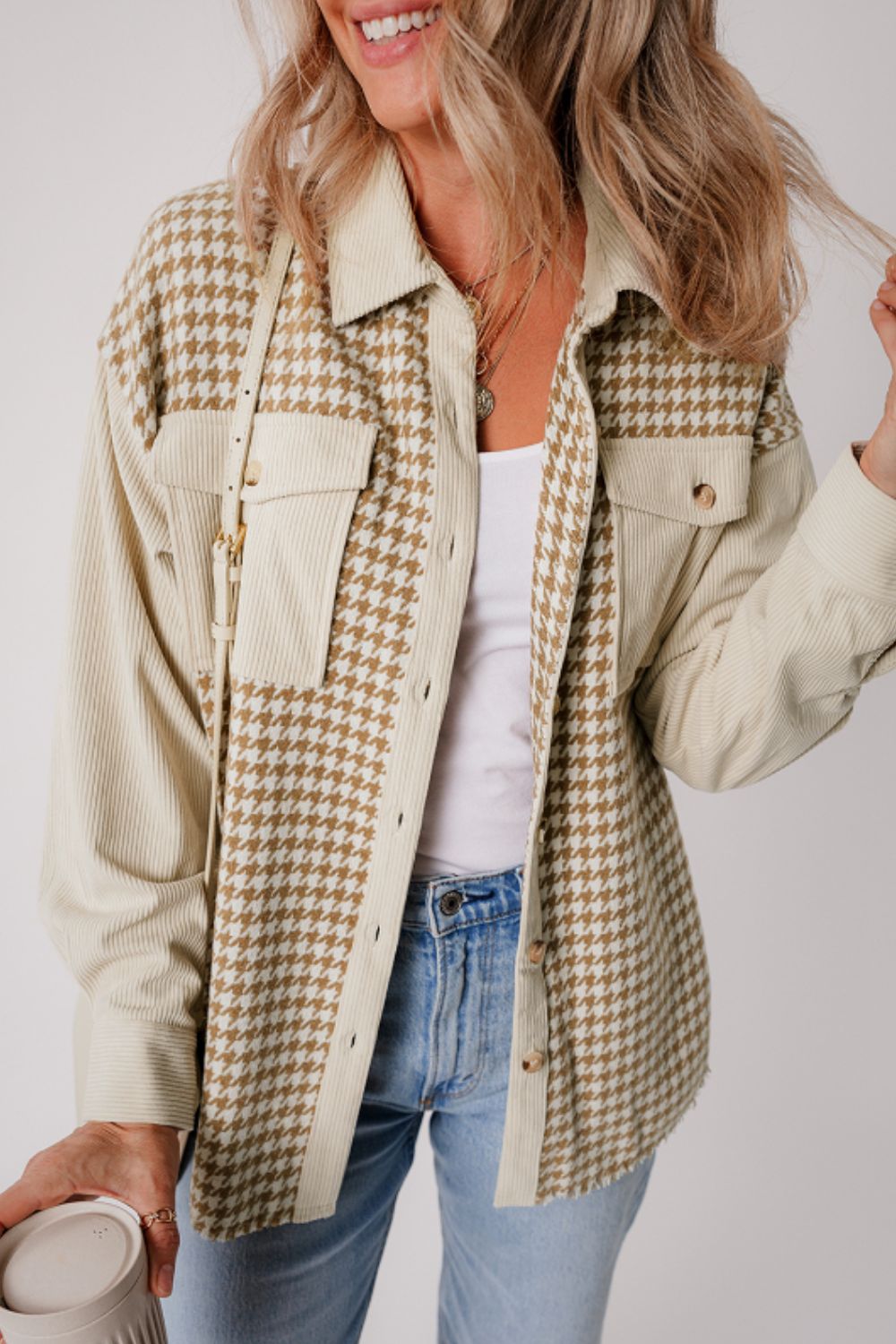 Houndstooth Button Up Long Sleeve Jacket