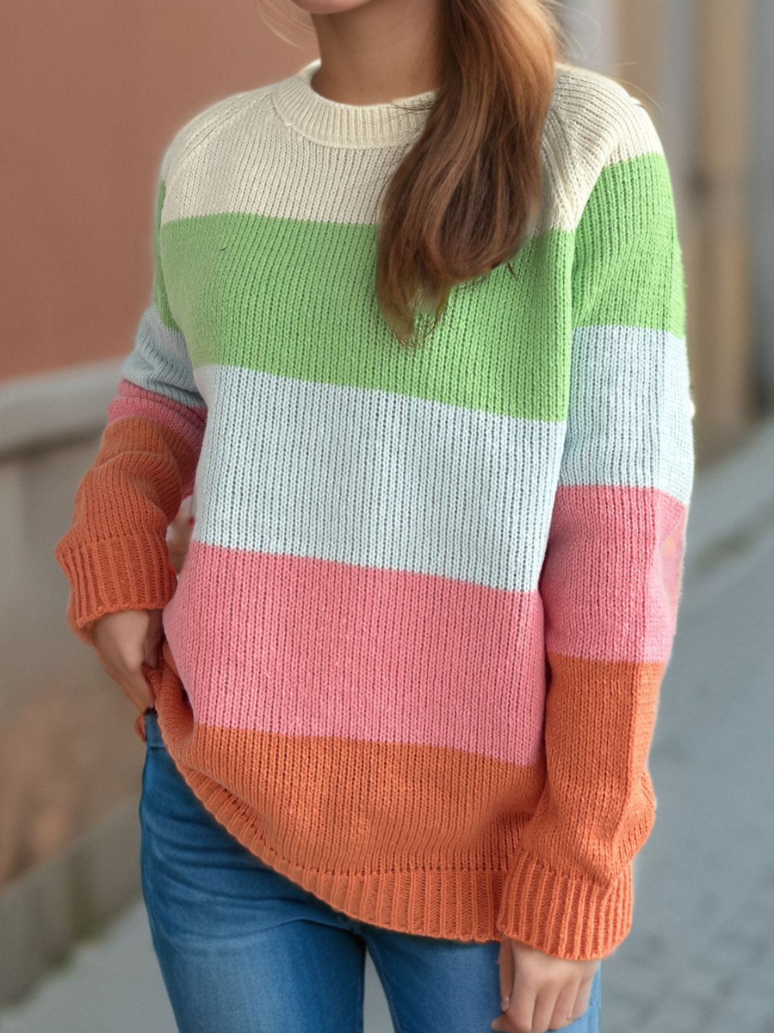 Color Block Round Neck Long Sleeve Sweater