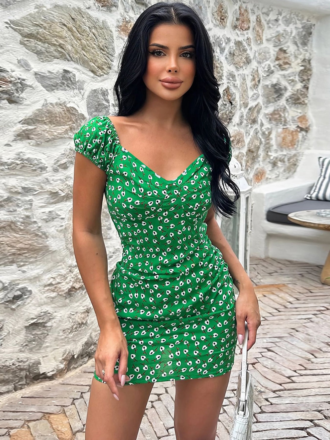 Printed V-Neck Short Sleeve Mini Dress