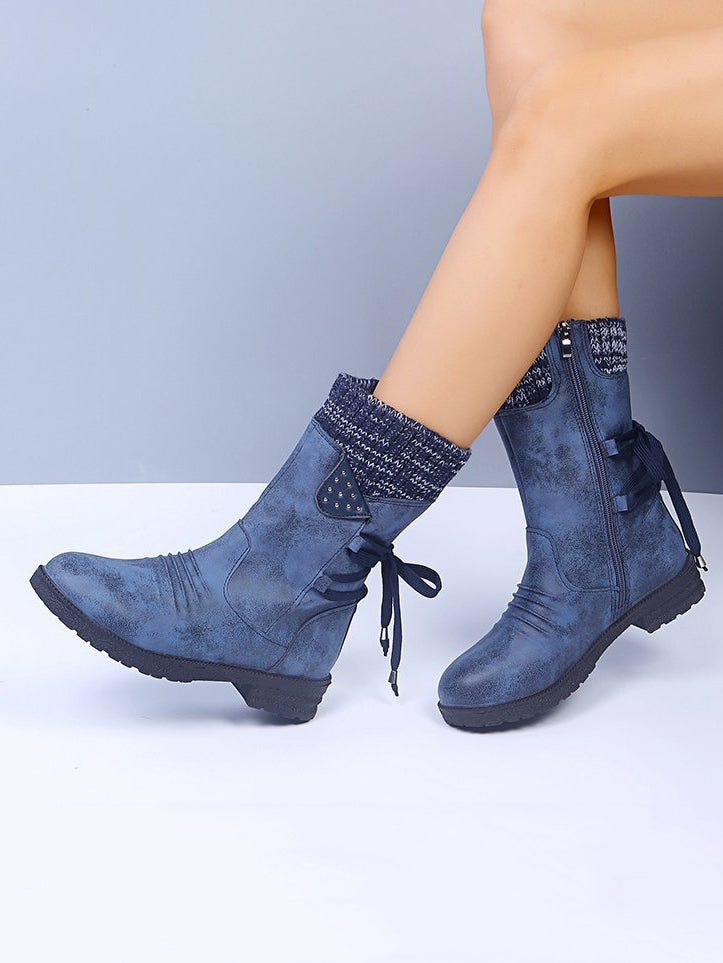 Lace-Up Low Heel Boots with Side Zip