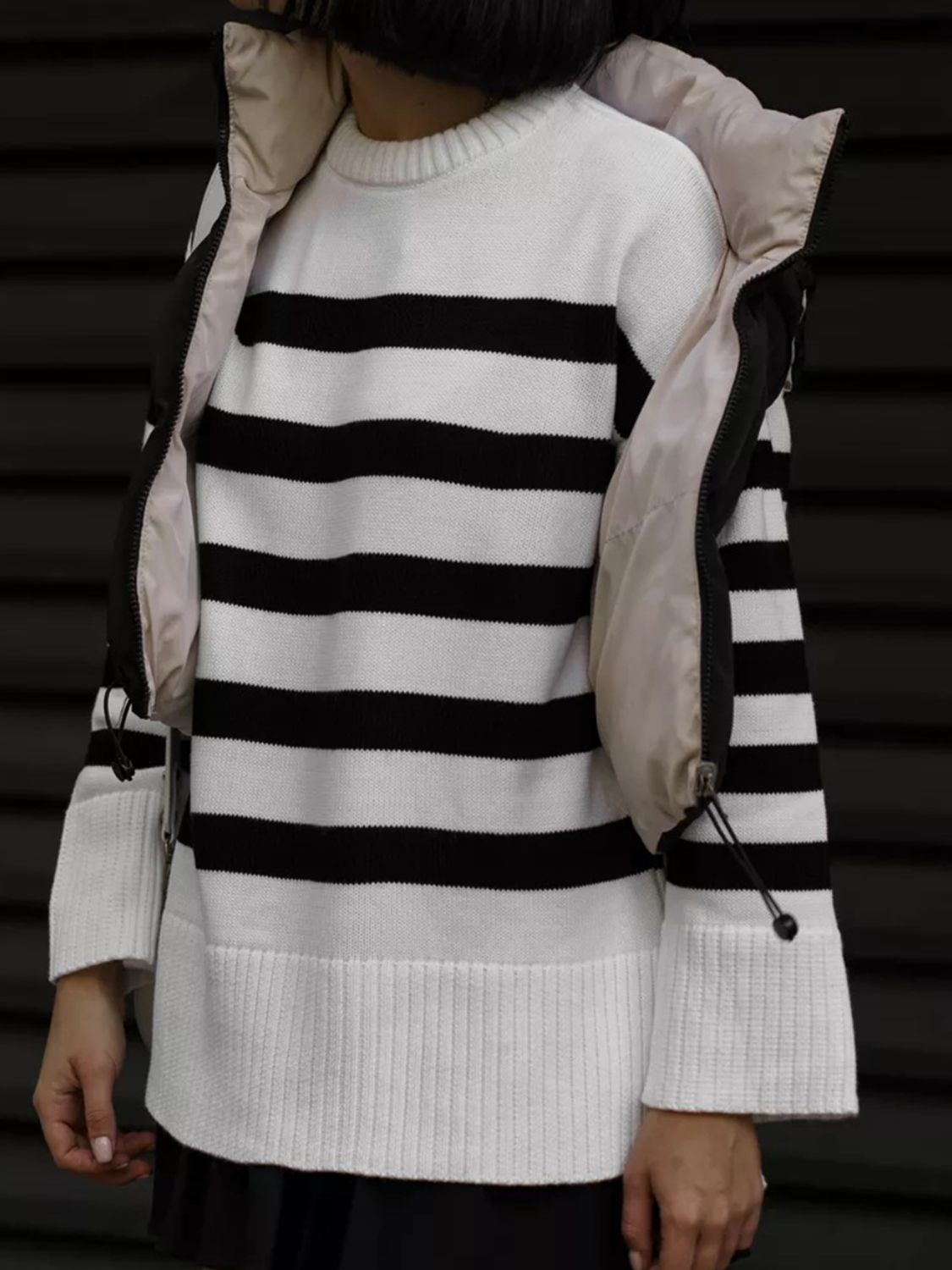 Slit Striped Round Neck Sweater