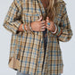 Drawstring Waffle Knit Patchwork Hooded Plaid Shacket