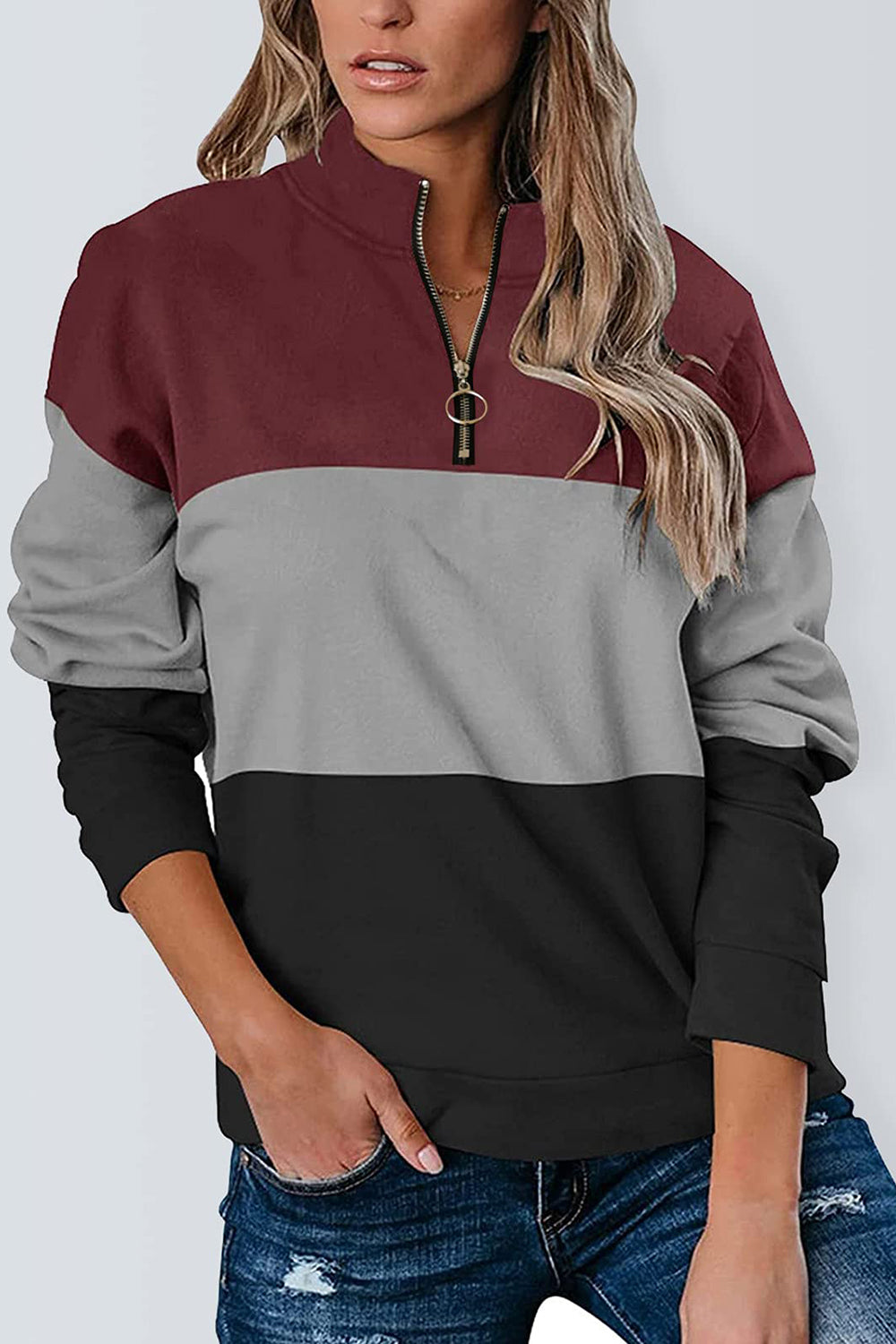 Full Size Color Block Quarter Zip Long Sleeve Sweatshirt