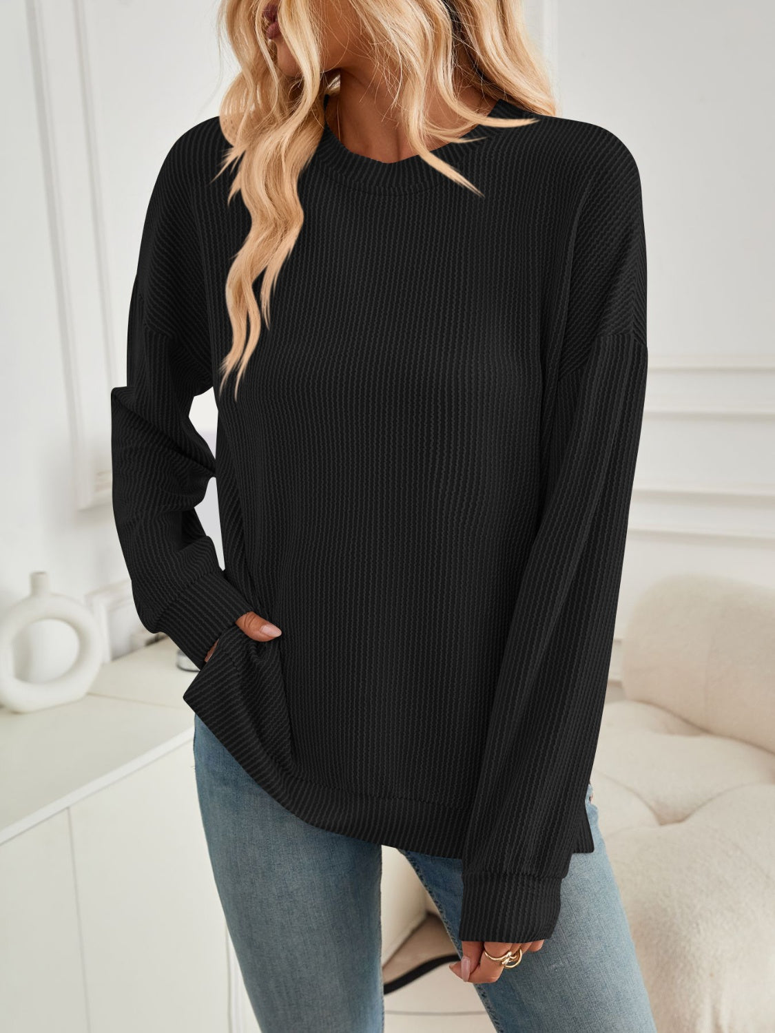 Slit Round Neck Long Sleeve Sweatshirt