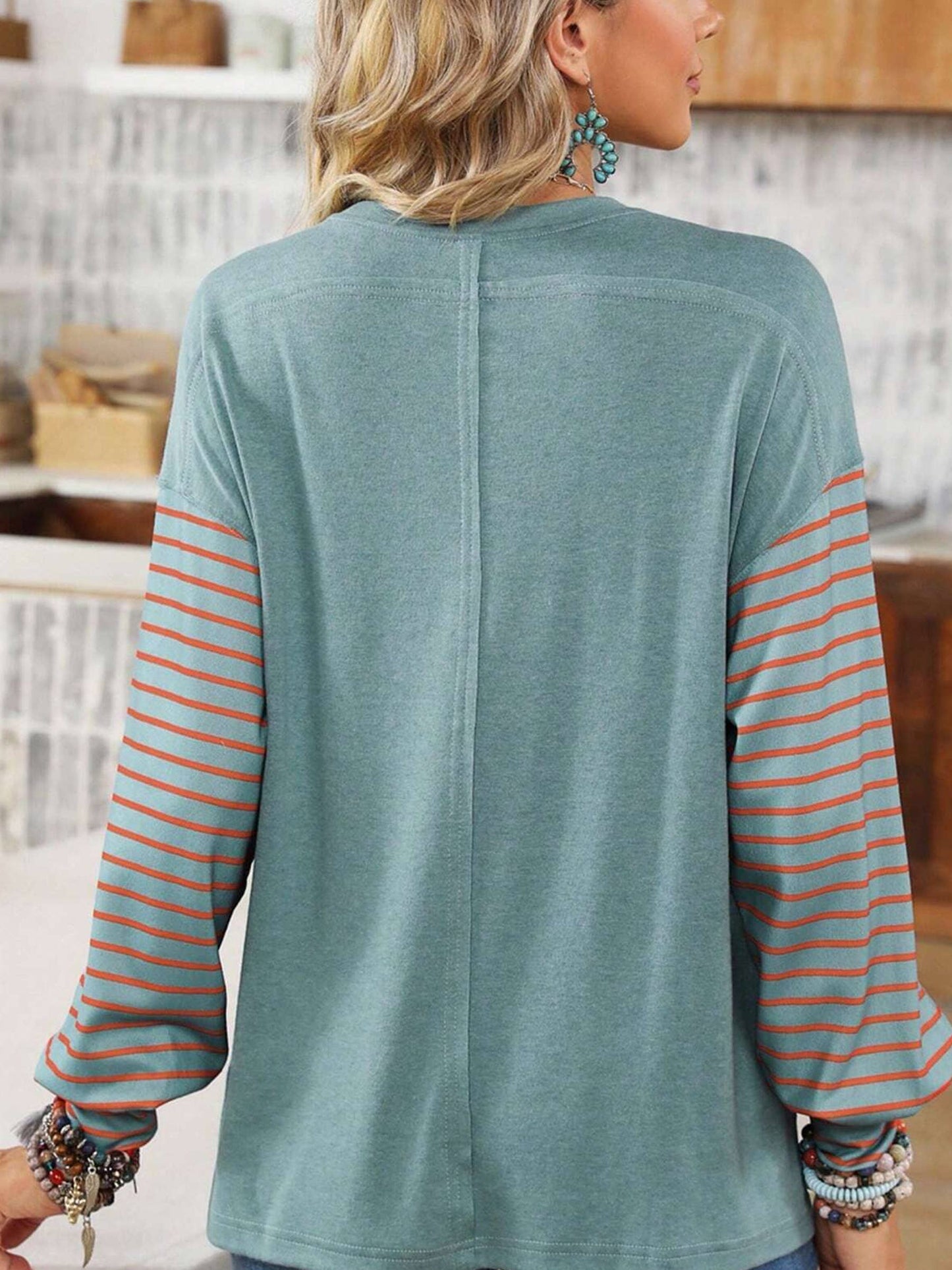 Round Neck Casual Striped Contrast Long Sleeved T-shirt: Green / 2XL