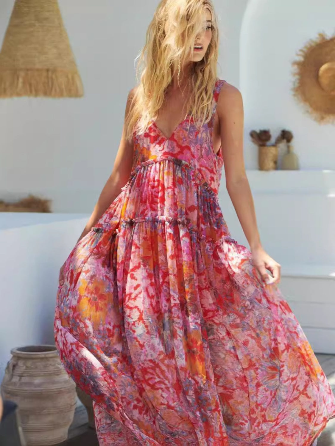 Tiered Printed V-Neck Sleeveless Dress