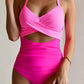 Pink 2-tone Crossed Cutout Backless Monokini: Pink / 2XL / 82%Polyester+18%Spandex