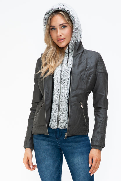 YMI Faux Layered Double-Zipper Jacket with Fuzzy Hood