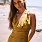 SOLID V NECK RUFFED DETAIL ONE PIECE SWIMSUIT: S / Golden Olive