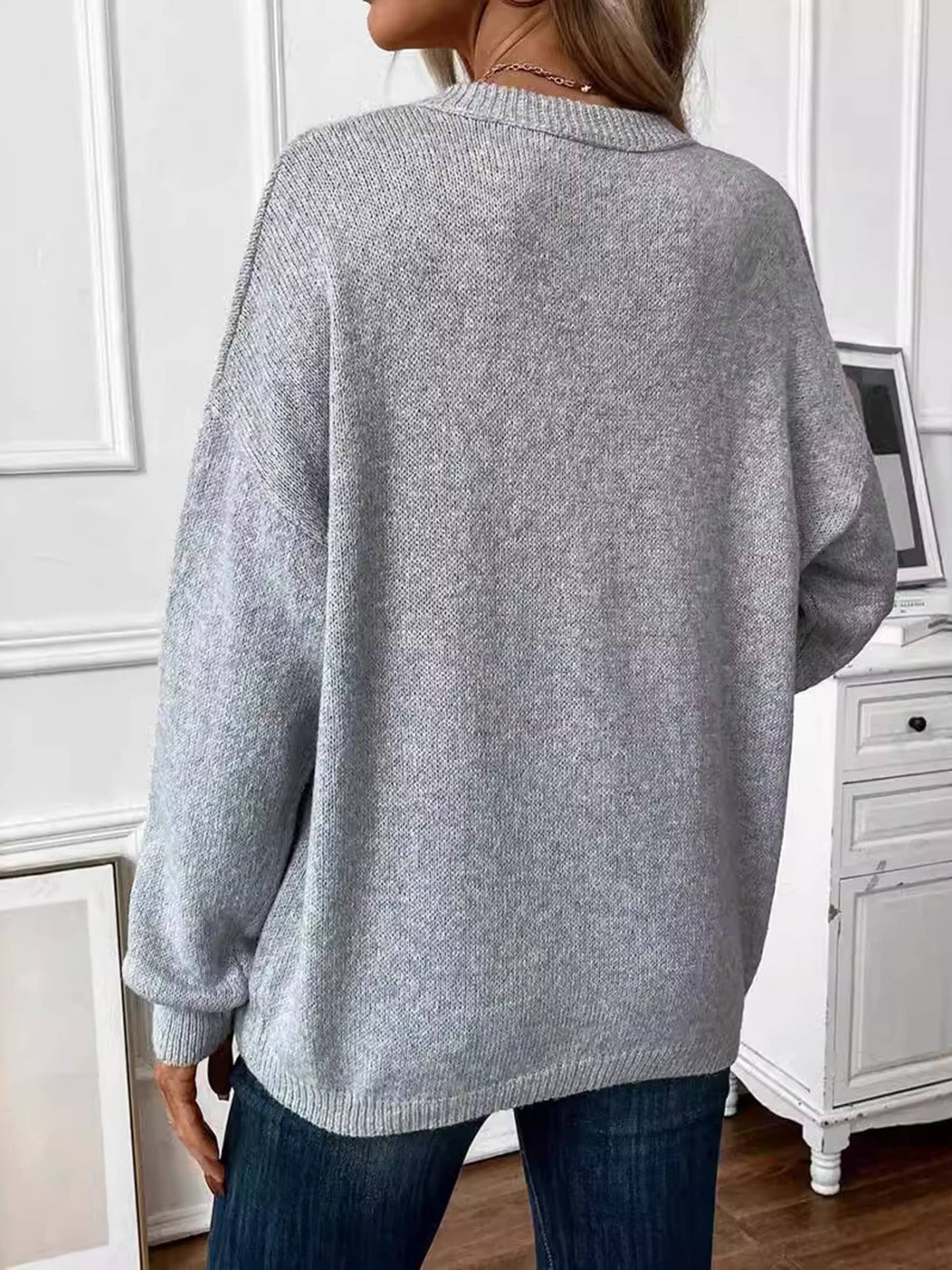 Loose Round Neck Solid Color Knitted Sweater: Green / S