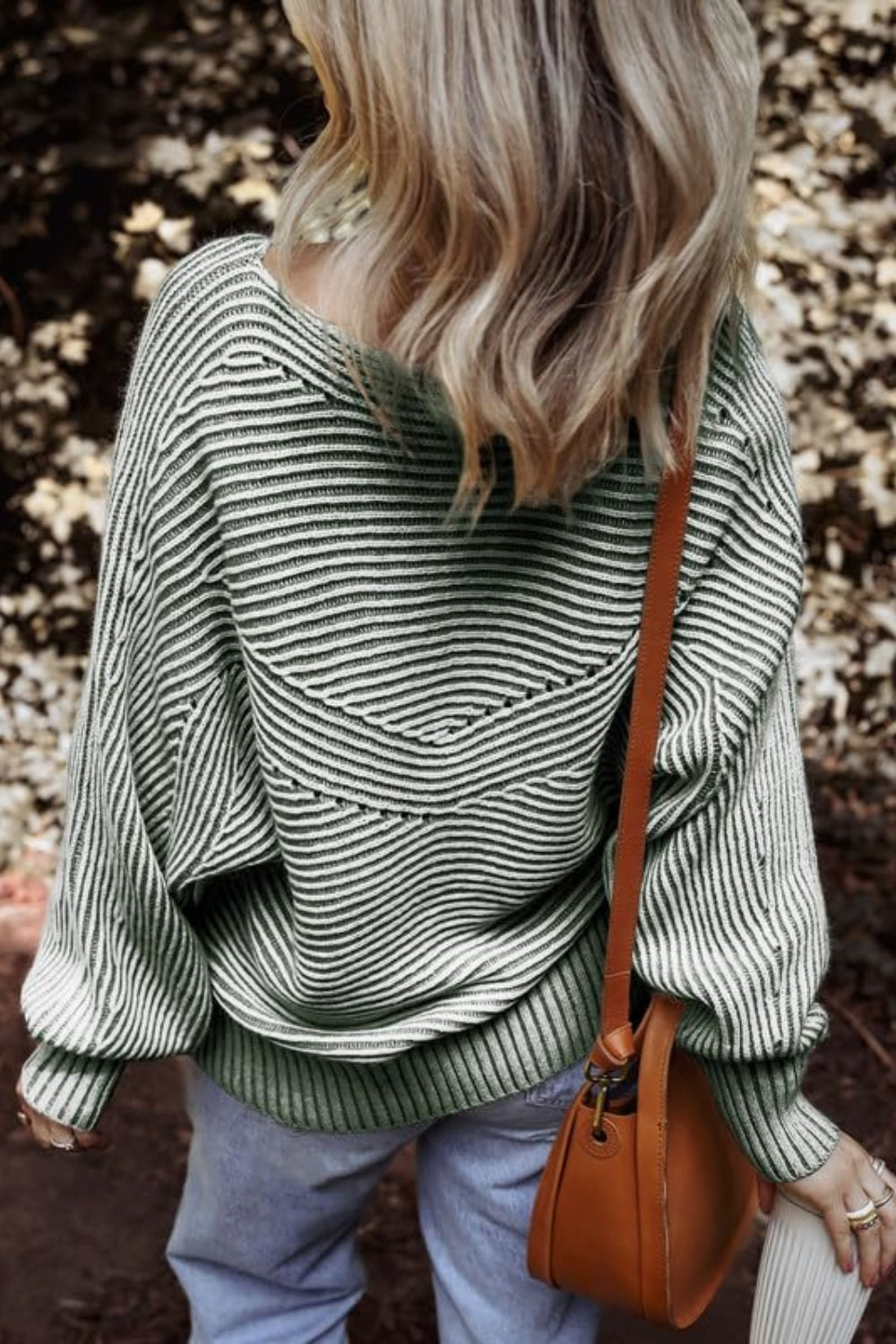 Textured Striped Round Neck Long Sleeve Top