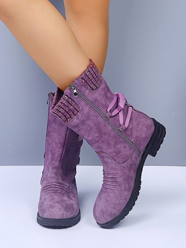 Lace-Up Low Heel Boots with Side Zip