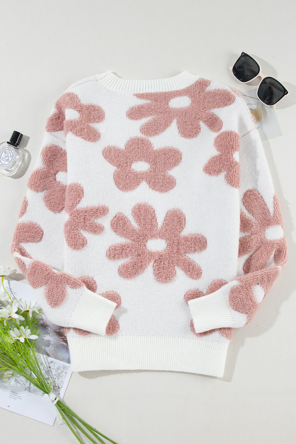 Flower Round Neck Long Sleeve Knit Top