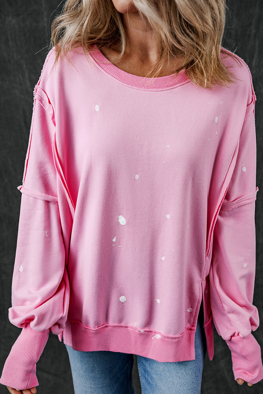 Exposed Seam Splatter Print Round Neck Sweatshirt