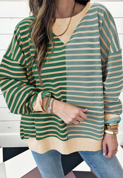 Contrast Striped Round Neck Long Sleeve Sweatshirt